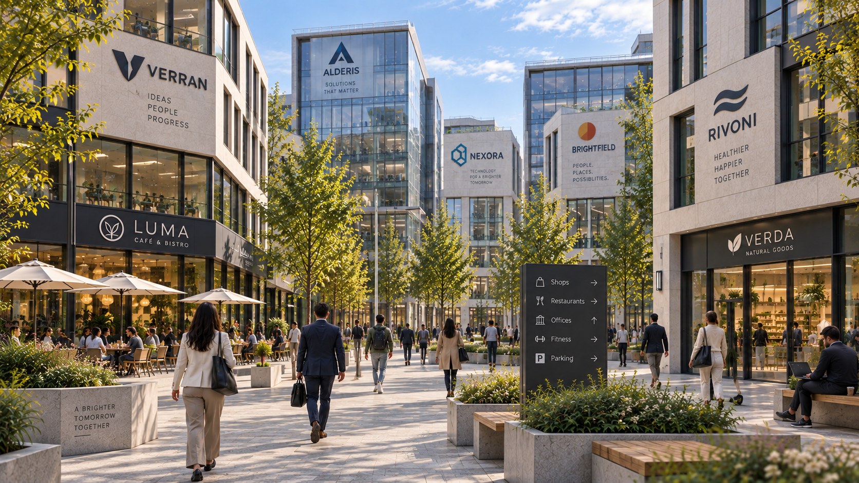 Geschäftsquartier mit Bürogebäuden, Ladenlokalen und Passantinnen und Passanten