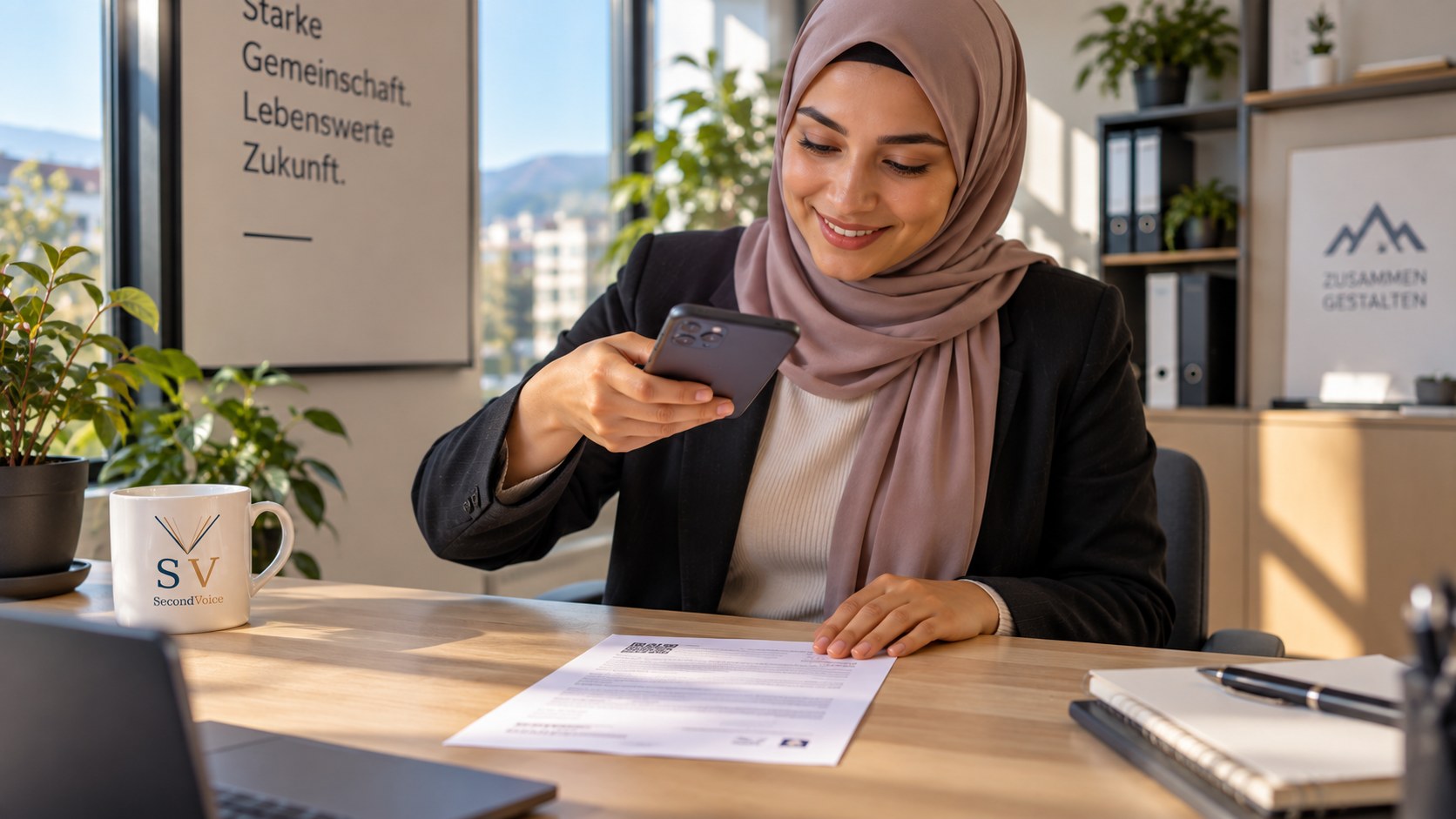 Eine Person scannt den QR-Code auf einem Dokument mit dem Smartphone